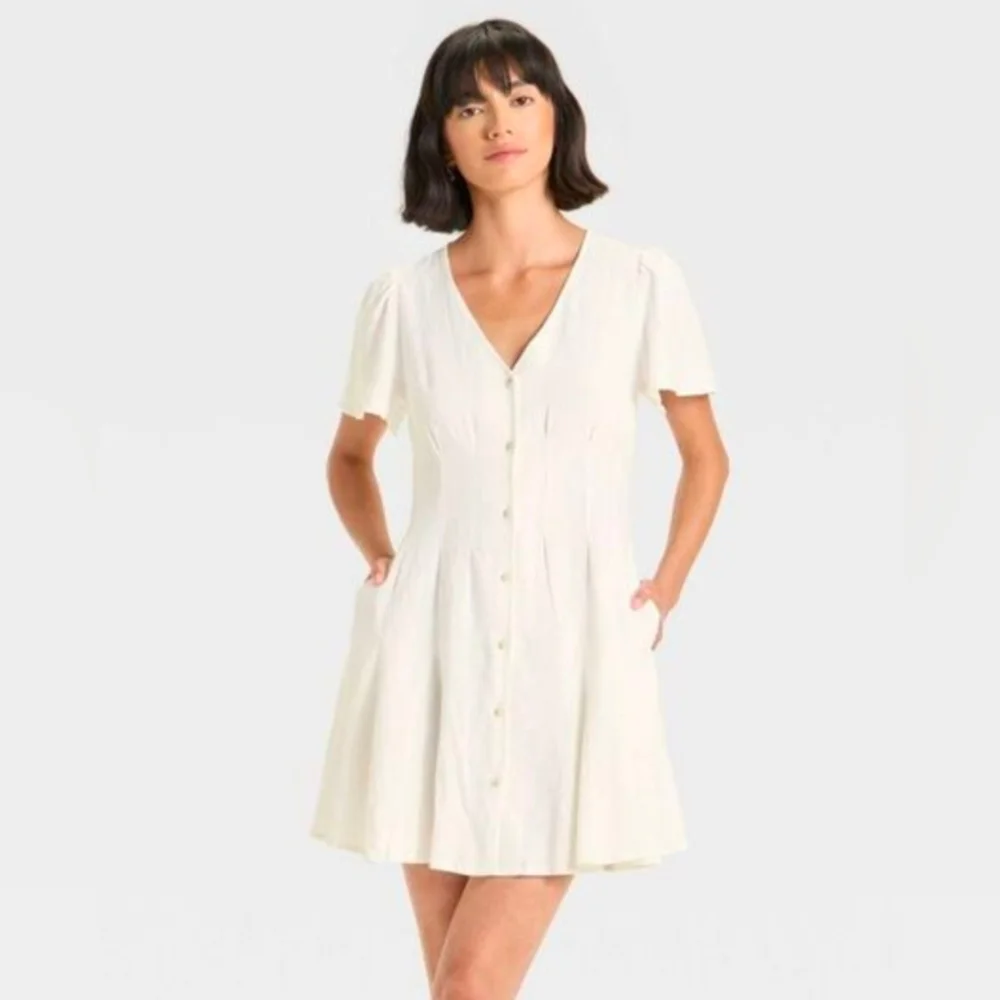 ๐คNWOT Universal Thread White Linen-Blend Button-Front Mini Dress Size Medium ๐ค - Picture 2 of 8